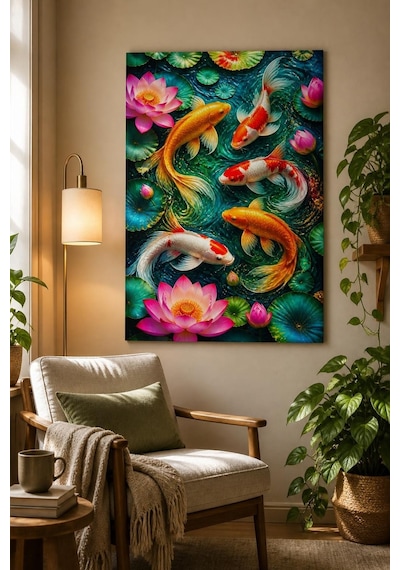 Koi Balığı Ve Lotus Baskılı Cam Tablo Renkli Uv Baskı Dekoratif Duvar Tablosu