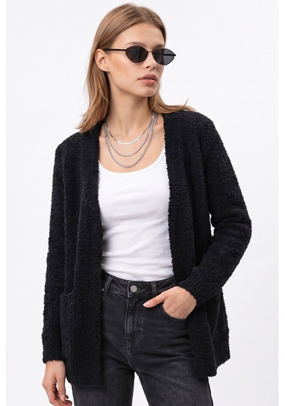 Mixray 7069 Kadın Buklet Dokulu Cepli Oversize Triko Hırka Siyah