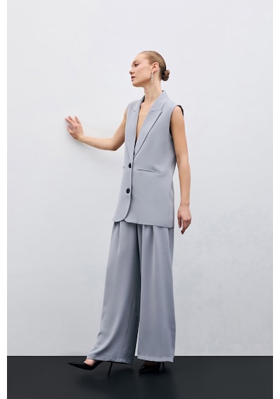 Sateen Yüksek Bel Bol Paça Pantolon - Gri-135632 Gri