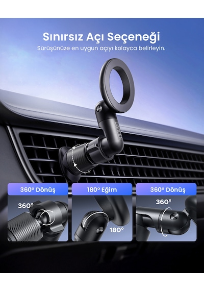 Ugreen Magsafe Uyumlu Manyetik Araç İçi Telefon Tutucu, Havalandırma Klipsli, 360 Dönebilen, 65185