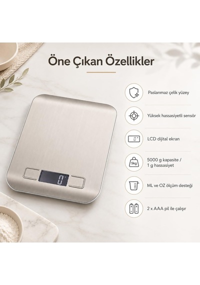 Dijital Mutfak Terazisi 5 Kg, Paslanmaz Çelik Yüzeyli Lcd Ekranlı Hassas Gram Ölçer, Dara Fonksiyonlu Mutfak Tartı Diğer 69821093