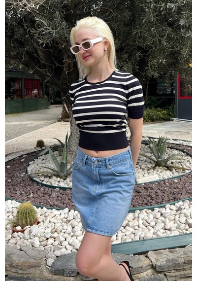 Seeh Lacivert Bisiklet Yaka Çizgili Kadın T-shirt Sh371 Baskılı