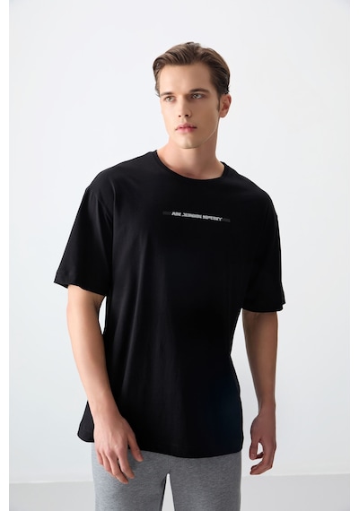 Air Jones Tommy Life Siyah %100 Pamuk Kalın Yumuşak Dokulu Oversize Fit Baskılı Erkek T-shirt - 88358 Siyah