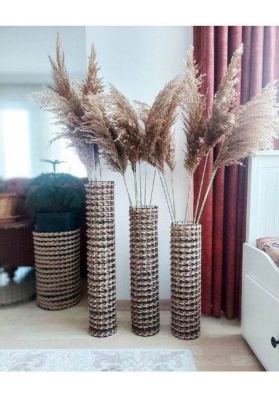 Egindra Trendev Metal Tel Hasır Örgülü Özel Tasarım Pampas Vazo Seti 3Lü 50-60-70 Cm