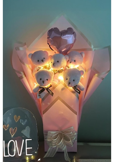 Sole Sevgiliye Led Işıklı Özel Pembe Konsept Balonlu Romantik Peluş Ayıcık Buketi