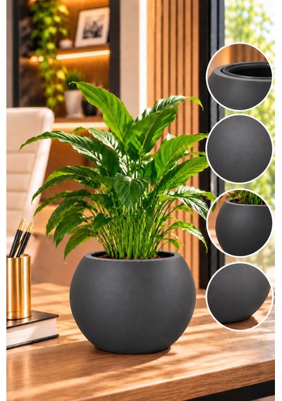 Antrasit Yuvarlak Dekoratif Saksı 20x20 Cm İç Saksılı Modern Salon Ve Balkon Saksısı 9 Litre -