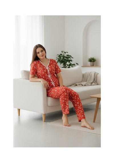 Fantezia Night Kadın Turuncu Kalp Desenli Fiyonklu Kısa Kollu Uzun Pijama Takımı