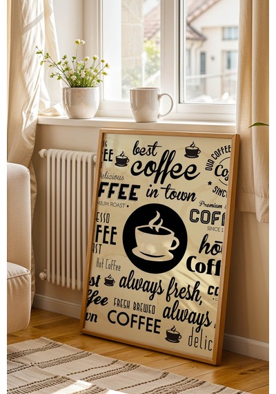 Retro Coffee Tasarım Çerçeveli Tablo - Mutfak Ve Kafe İçin Sanatsal Kahve Duvar Dekoru Kayın