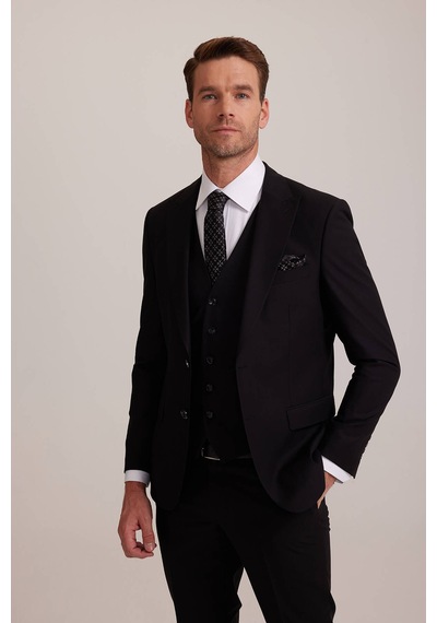 Erkek Siyah Slim Fit Yelekli Sivri Yaka Takım Elbise