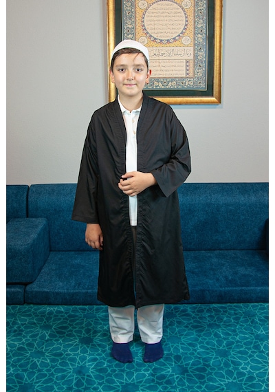 Siyah Buhara Yaka Namaz Elbisesi Erkek Çocuk Cübbe Siyah