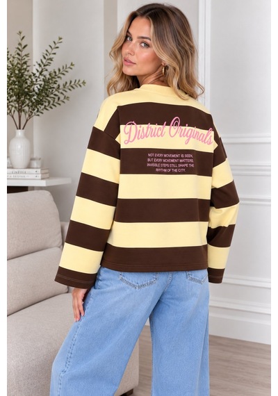 Lima Sarı Kadın Çizgili Oversize Sweatshirt Bisiklet Yaka Baskılı Uzun Kollu Sweat