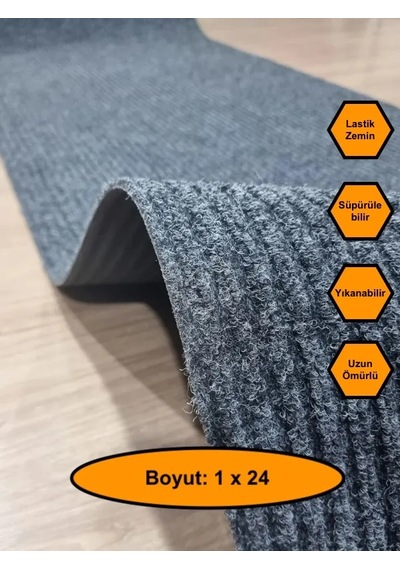 Gri Çelik Halı, Yolluk, Lastik Tabanlı, 1x24 Metre, Kaydırmaz Gri