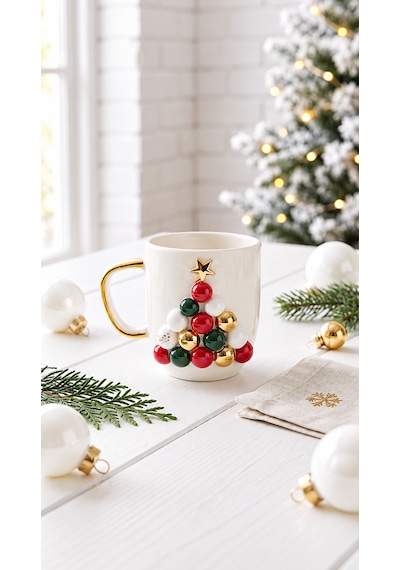 Yılbaşı Ağacı Kabartmalı Seramik Mug 300 Ml El Yapımı 24k Altın Detaylı Beyaz - Çok Renkli