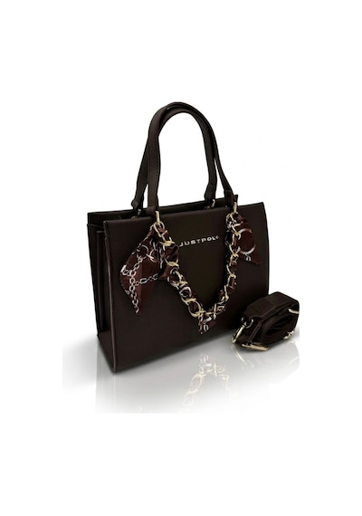 Just Polo Kadın Gold Zincirli Şal Detaylı Şık El & Omuz Çantası Ve Cüzdanı Kombin Shopper Ebat: 20 X 25 Cm Kahverengi