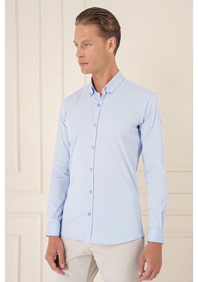 Efor Slim Fit Düğmeli Yaka Esnek Pamuk Klasik Mavi Gömlek Gk 727 Mavi