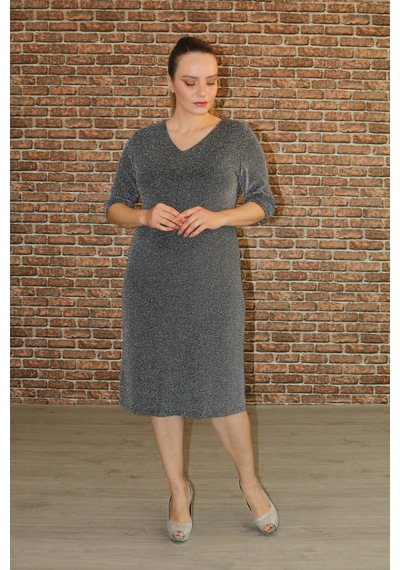 Nidya Moda Büyük Beden Kadın Gri Simli V Yaka Abiye Elbise-4009RG Gri