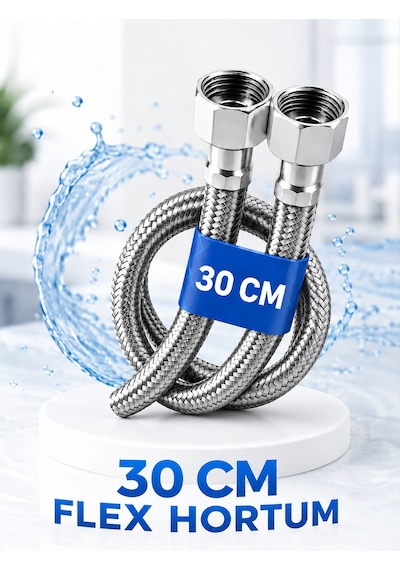 30cm Paslanmaz Çelik Örgülü Flex Hortum 3/8'x3/8' - Klozet Ve Taharet Musluğu İçin Dayanıklı Bağlantı Hortumu