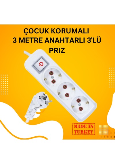 3'lü Ara Kablo Anahtarlı Topraklı Üçlü Priz 3 Metre 1