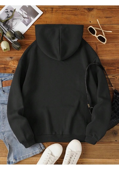 Unisex Oversize Kapüşonlu Kanguru Cepli Cat Meow Baskılı Siyah Siyah