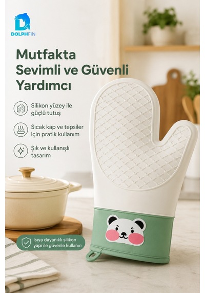 Silikon Fırın Eldiveni Panda Desenli Isıya Dayanıklı Kaymaz Mutfak Eldiveni Yeşil Cok Renkli