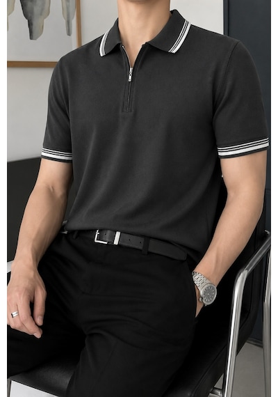 Tarz Cool Erkek Fermuar Yaka Triko Polo Tişört Slim Fit Pamuklu Yazlık Triko Siyah