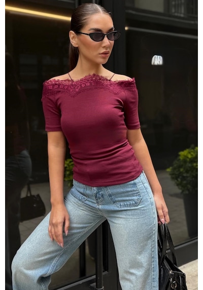 Bordo Dantelli Madonna Yaka Slim Fit Tişört Mg2743