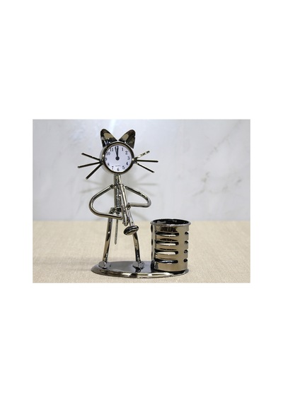 2 Adet Metal Saksafon Çalan Kedi Müzisyen Masa Saati Ve Kalemlik Dekoratif Metal Masaüstü Aksesuar Saatli Kalem Tutucu Pen Holder Clock