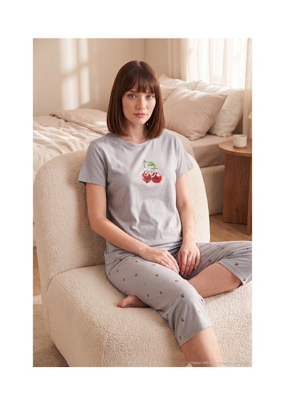 Lela Desenli Pamuklu Bisiklet Yaka Kaprili Pijama Takımı Bayan Pijama Takımı 65790787 Gri
