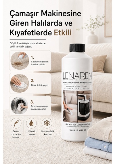 Lenaren Washrite Halı Ve Koltuk Yıkama Makinesi Şampuanı 500 Ml Konsantre Leke Çıkarıcı Etkili Düşük Köpüklü Döşeme Temizleyici Tekli