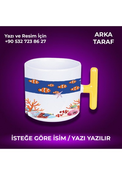 Kişiye Özel Balık Desenli T Kulplu Renkli Kupa- Çok Hoş Hediye Sarı