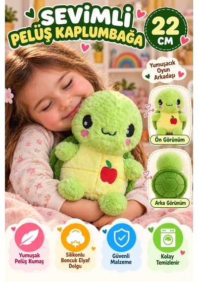 Yeşil Elmalı Kaplumbağa Pelüş Oyuncak 22 Cm Yumuşak Sevimli Çocuk Oyuncağı Sarılmalık Peluş Model Çok Renkli