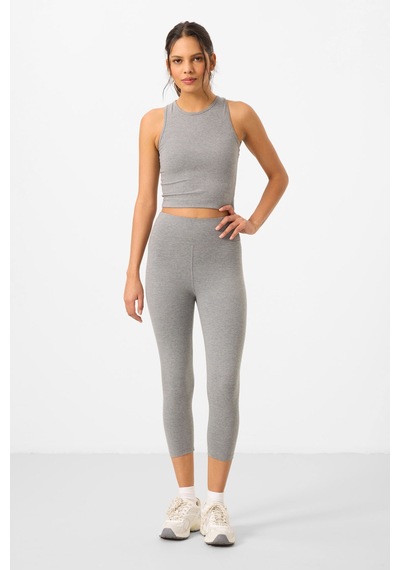 Tommylife Gri Melanj Yüksek Bel Kapri-crop Atlet Slim Fit Kadın Tayt Takım - 95284