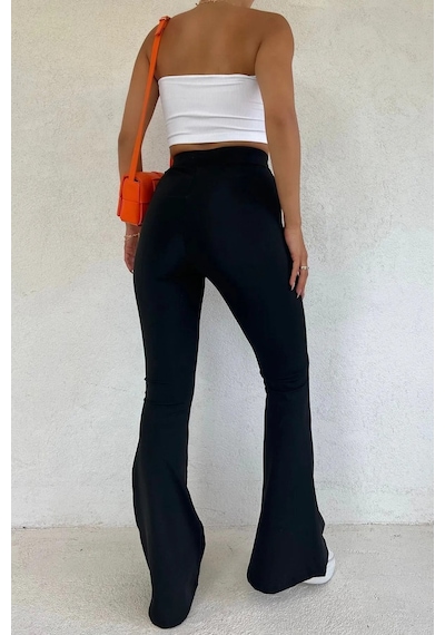 Unika Boutique Kadın Siyah Ispanyol Paça Dalgıç Kumaş Yüksek Bel Toparlayıcı Tayt Pantolon Siyah-vv2257