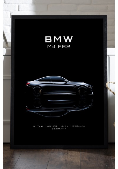 Bmw M4 F82 Siyah Ahşap Çerçeveli Poster, Dekoratif Araba Duvar Tablosu