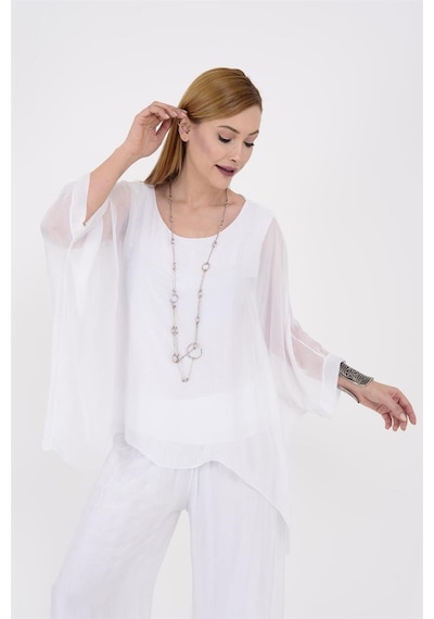Bohem Stil İtalyan Yarasa Kol İpek Bluz & Pantolon Takım-8767 Beyaz
