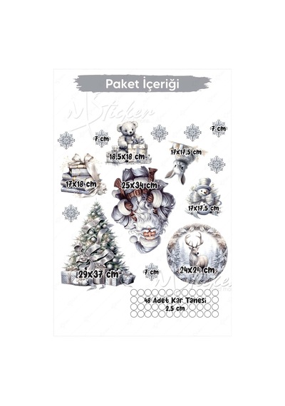 Silver Yılbaşı Seti, Yeni Yıl Yılbaşı Kış Konseptli Yılbaşı Süsü Sticker Seti Noel Baba Ağaçlar Dijital Baskı