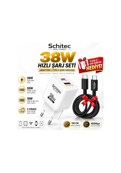 Schitec 38w Çift Çıkışlı Hızlı Adaptör Ve 120w Usb-a To Type-c Örgülü Data Ve Hızlı Şarj Kablosu
