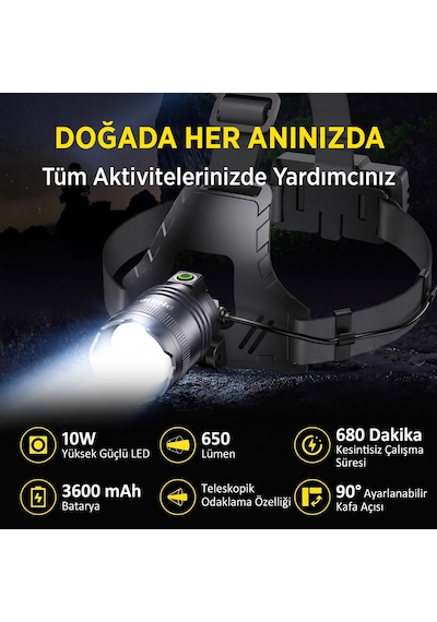 Philips Sfl3341 10w Led 650 Lümen 3600mah Teleskopik Zoomlu 5 Işık Modlu Şarjlı Profesyonel Kamp Ve Kafa Lambası Siyah