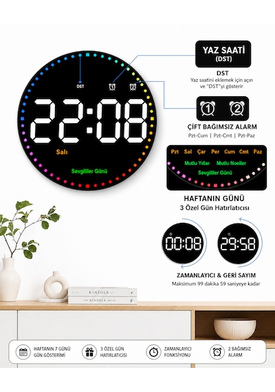 Uzaktan Kumandalı Led Dijital Duvar Saati Büyük Ekran, Ayarlanabilir Parlaklık, Çift Alarm, Sessiz Çalışma, Modern Şık Tasarım Mat Siyah