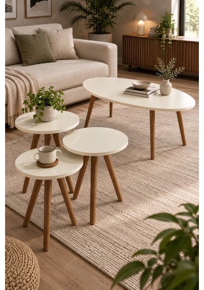 Sulorahome Torna Ahşap Ayaklı Elips Sehpa Seti Krem Ekru