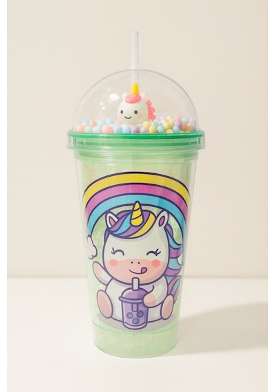2'li Set Işıklı Renkli Unicorn Figürlü Gece Lambası & Pipetli Boncuk Detylı Suluk Bardak Yeşil 450ml Set