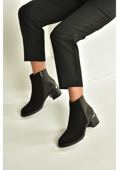 Fox Shoes V555559502 Siyah Hakiki Deri Süet Kalın Topuklu Kadın Bot Siyah