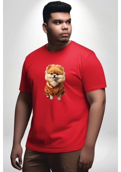 Angemiel Teacup Pomernian Çeket Kırmızı Büyük Beden Erkek Kadın Unisex Basic Ön Baskılı Tişört Kırmızı