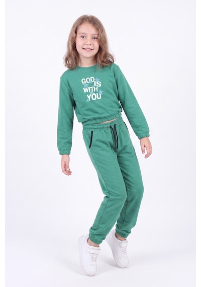 Fyk Kids 2'li Kız Çocuk Bisiklet Yaka Kısa Kesim Baskılı Çift Cepli 4 Parça Eşofman Takımı Yeşil-fuşya