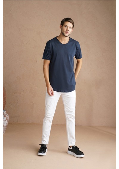 Cool Tarz Lacivert Erkek Oval Kesim Slim Fit Pis Yaka Salaş T-shirt Lacivert Lacivert