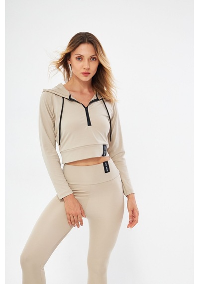 Lesa Wear Kapüşonlu Içi Polarlı Yumuşacık Şardonlu Kaşkorse Crop Likra Sweatshirt BEJ