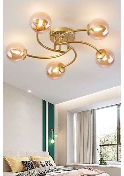Luxury Model Plafonyer Beşli Gold Modern Bal Camlı Avize