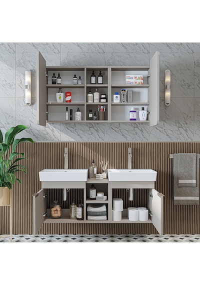 Likya 2 Kapaklı Ve Açık Raflı Mdflam 2 Lavabolu 120 Cm Dlp