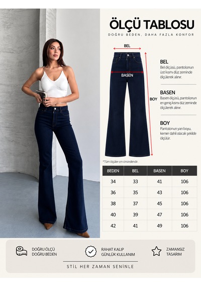 Zdn Jeans Yüksek Bel İspanyol Paça Lacivert Jean