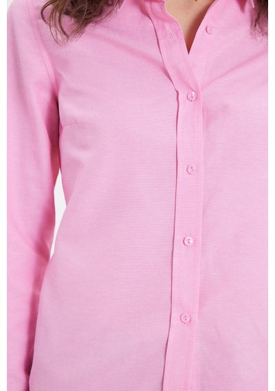 Tudors Kadın Slim Fit Dar Kesim Uzun Kollu Pamuklu Vücuda Oturan Dokulu Pembe Basic Gömlek-38815 Pembe